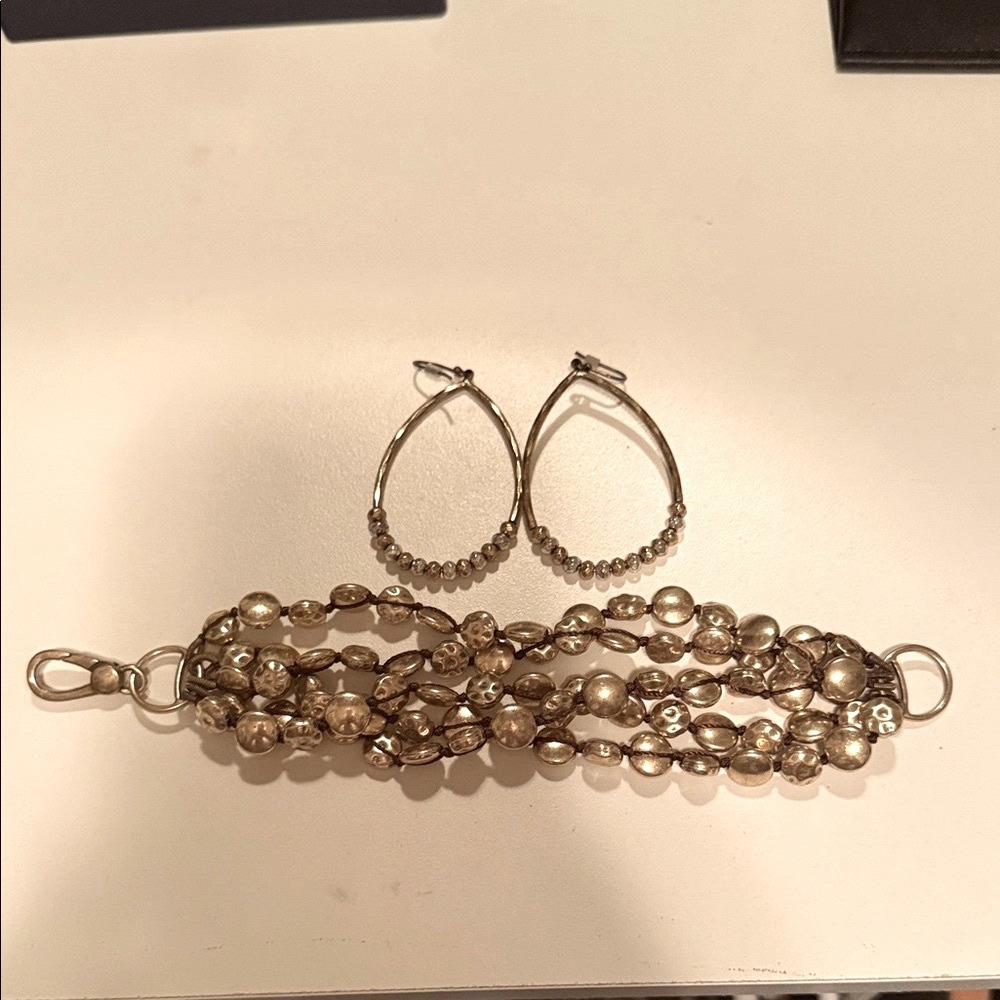 Lucky Brand Matte GOLD Multi-Strand Bracelet and Hoop Earrings Set